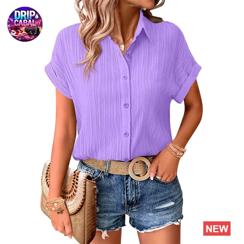 Short Sleeve Button Down Blouse Textured Collar Casual Work Chic Summer Top